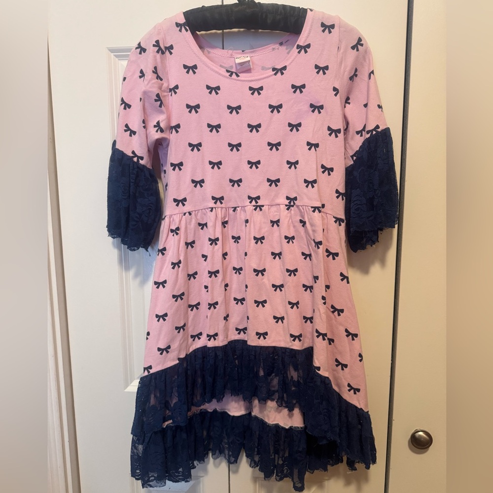Girls Soft Pink Bow Dress 10 12 Navy Lace Trim Comfy‎ Party Holiday